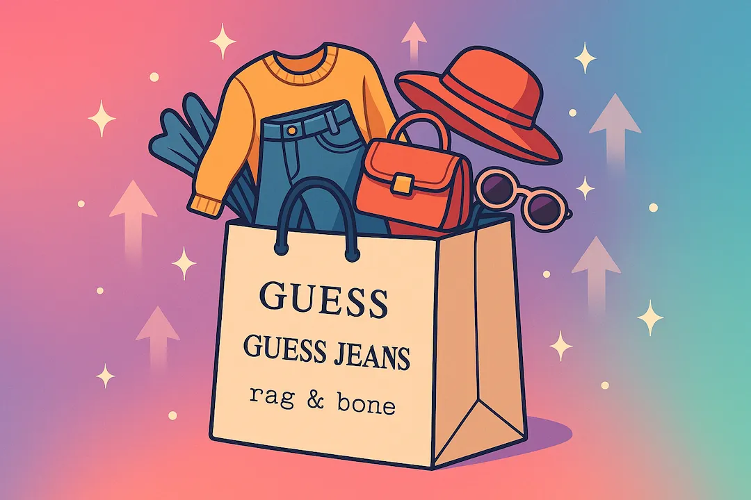 A clean vector illustration of a fashionable shopping bag overflowing with trendy clothes and accessories, symbolizing growth and new opportunities. Features logos for Guess, Guess Jeans, and rag & bone.