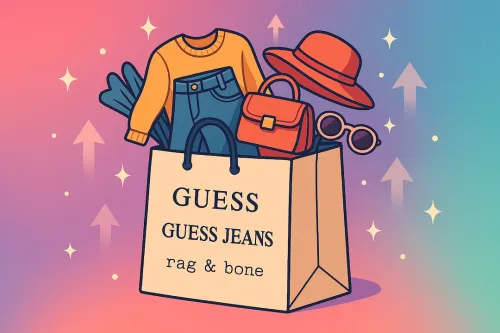 A clean vector illustration of a fashionable shopping bag overflowing with trendy clothes and accessories, symbolizing growth and new opportunities. Features logos for Guess, Guess Jeans, and rag & bone.