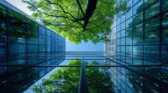 Sustainable eco-friendly glass building in city with green tree reducing carbon emissions. Modern office architecture with zero carbon design. 