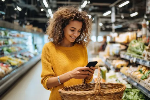 Lady with basket grocery shopping