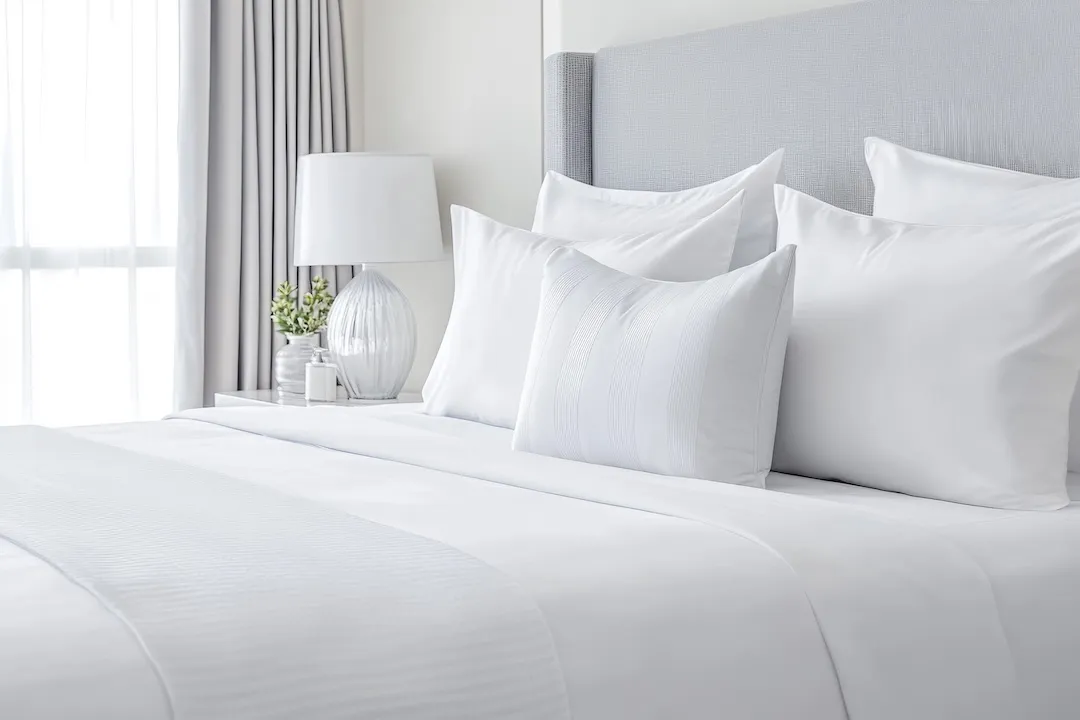 Comfortable hotel room with perfectly made bed and decorative pillows