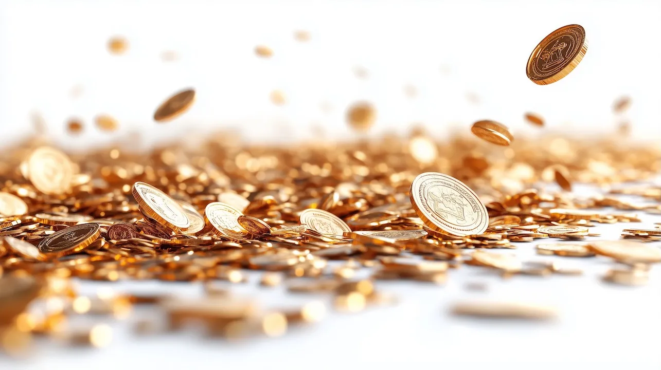 A Beautiful Display of Scattered Gold Coins Glimmering in Light Royalty Streaming