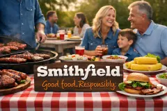 A family enjoying an outdoor barbecue with grilled meats, fresh sides, and a wooden sign displaying the Smithfield logo and “Good food. Responsibly.” tagline in the foreground.