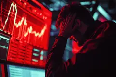 Stressed Stock Exchange Trader Can't Apprehend a Sudden Stock Market Collapse. Financial Crisis Concept with Stock Broker Saddened by Negative Ticker Information, Red Graphs