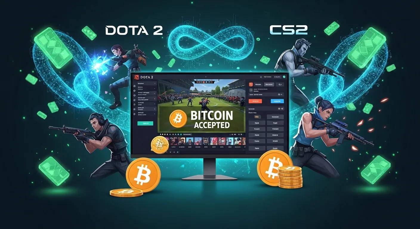 Bitcoin esports betting on DOTA 2, CS2, Valorant with visuals of blockchain and game graphics