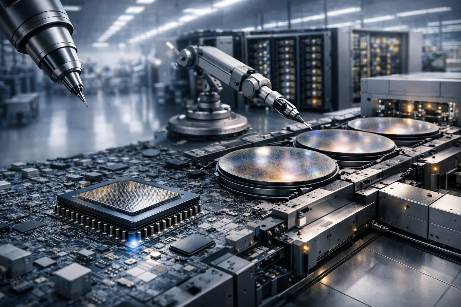 Robotic arms precisely handling silicon wafers on an advanced semiconductor production line beside a detailed microchip in a clean, high-tech data center environment