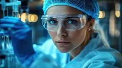 Scientist in Protective Gear Operating Advanced Laboratory Equipment in Sterile Environment