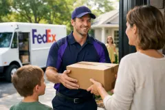 FedEx delivery driver handing a package to a woman at her front door while children watch, with a FedEx truck parked in the background on a sunny suburban day