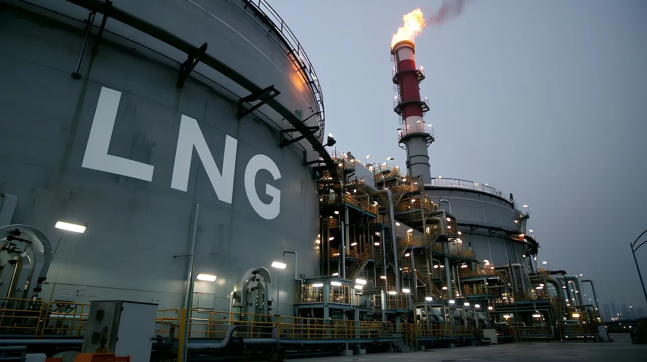 A vast industrial complex with a massive LNG storage tank designed for holding liquified natural gas at low temperatures, showcasing modern energy infrastructure.