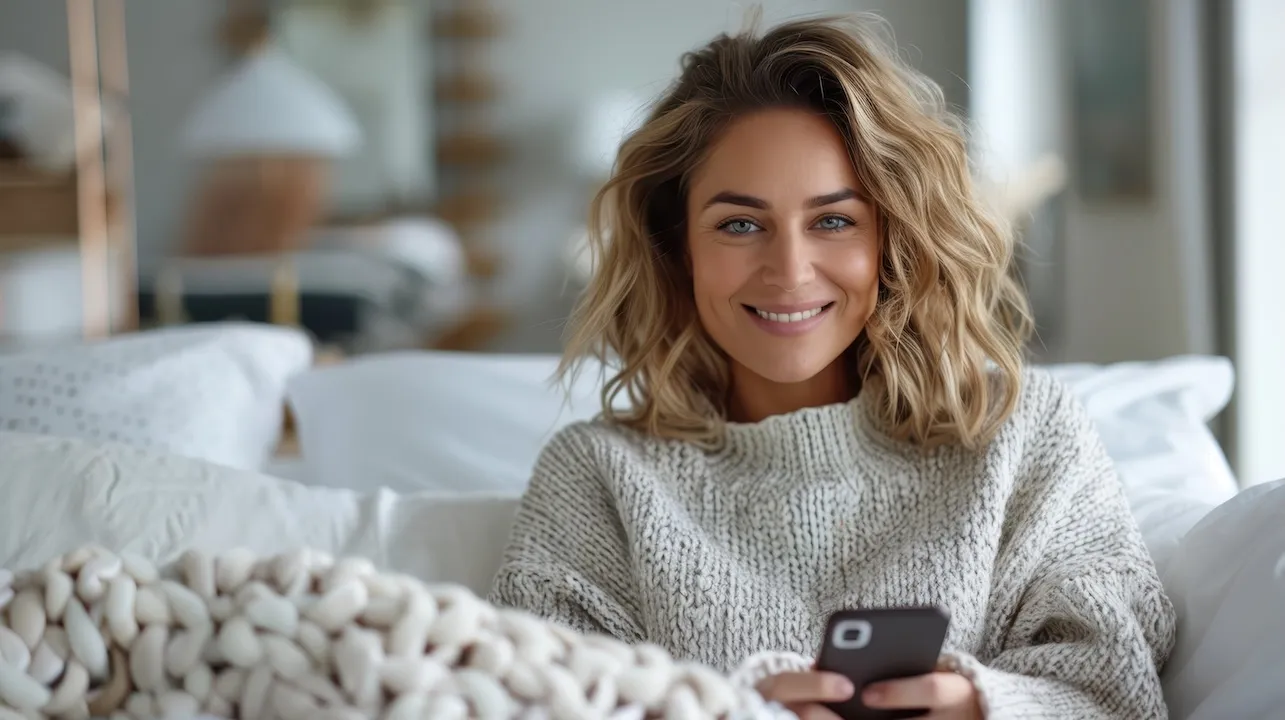 Girl looking at camera, sitting comfortably among cushions and blanket.