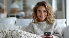 Girl looking at camera, sitting comfortably among cushions and blanket.
