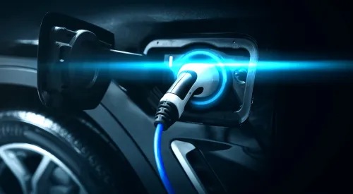 EV charging station for electric car in concept of green energy and eco power produced from sustainable source to supply to charger station in order to reduce CO2 emission 