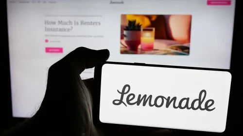 Lemonade Inc Logo on phone in front of webpage screenshot of renter's insurance
