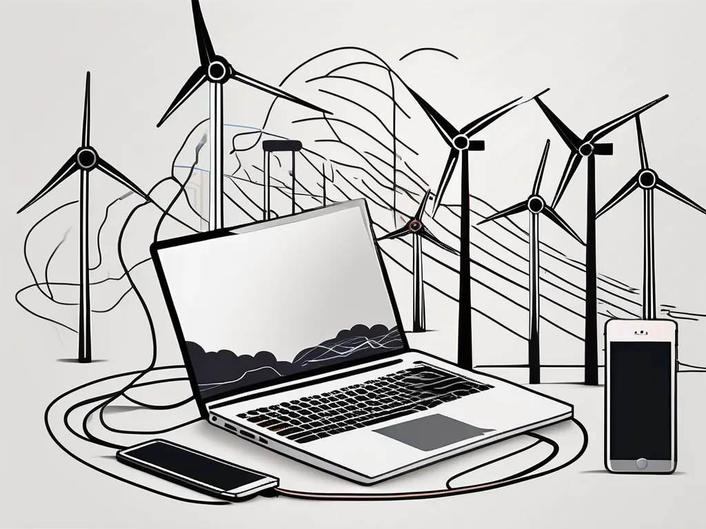 Sketch of a Laptop with smartphones to the sides and wind turbines in the background