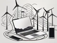 Sketch of a Laptop with smartphones to the sides and wind turbines in the background