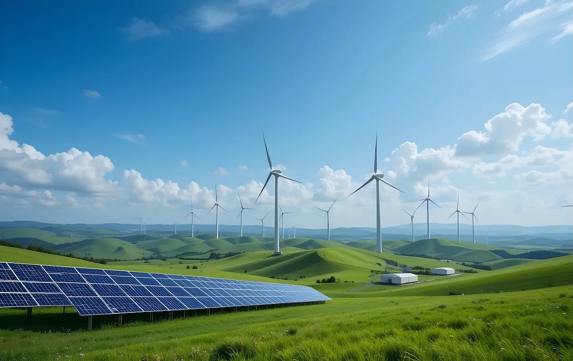Modern battery energy storage system with wind turbines and solar in grass fields, solar panel