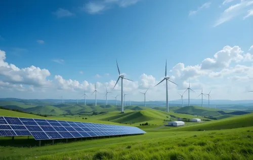 Modern battery energy storage system with wind turbines and solar in grass fields, solar panel