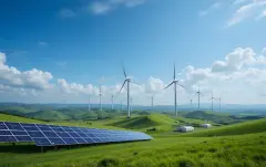 Modern battery energy storage system with wind turbines and solar in grass fields, solar panel