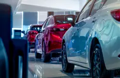 Rear view of new luxury red and white car parked in modern show room. Selective focus on white shiny car. Car dealership concept. Showroom interior. Automotive industry