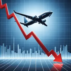 The image features a stock chart with a clear downward trend, symbolizing a significant decrease in stock value. The background showcases the silhouette of a Boeing 737 airplane, emphasizing the conne...