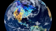 Satellite view of earth showing thermal heatmaps of carbon hot spots across continents.