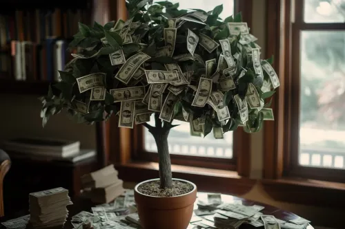 A potted tree filled with dollar bills, symbolizing wealth and prosperity, stands in a cozy room. 
