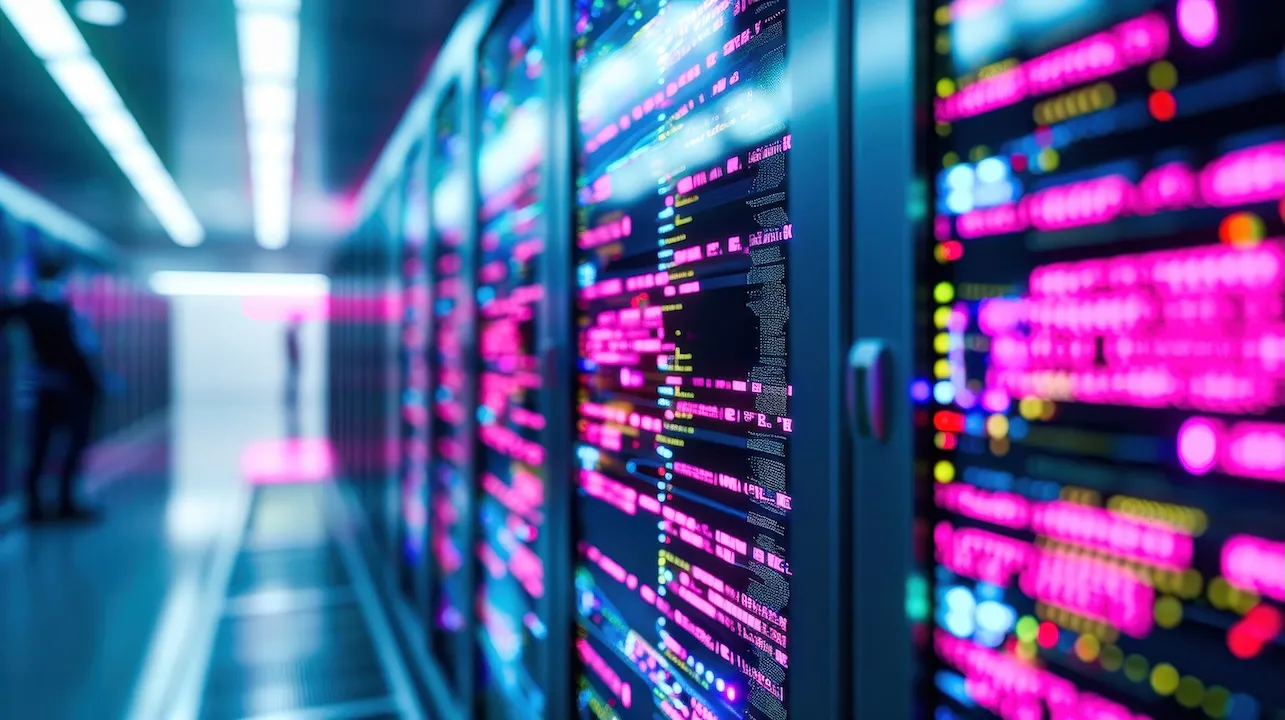 server room with supercomputer servers working in data center