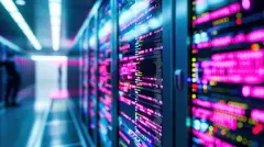 server room with supercomputer servers working in data center