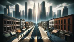 llustration depicts a big city's skyline, focusing on the quiet aftermath of the office real estate collapse, with empty buildings and closed businesses highlighting the economic and social challenges...