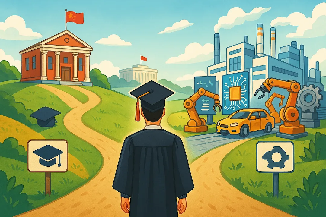 illustration showing a young graduate at a crossroads. One path leads toward traditional academic achievement. The other path leads to a vibrant, modern factory, symbolizing skilled trades and vocational success