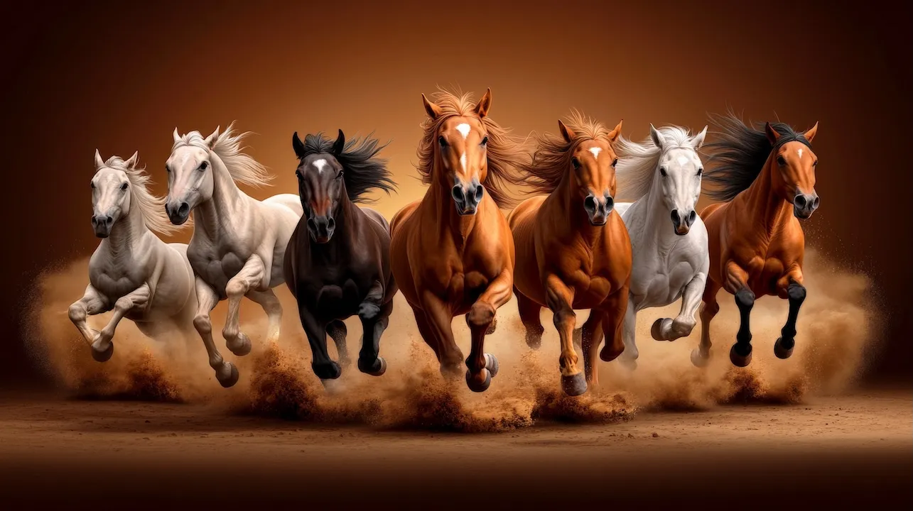 Wild Horse Run: A breathtaking image of seven majestic horses galloping across a dusty landscape, their manes and tails flowing in the wind. A powerful symbol of freedom and untamed