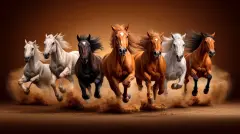 Wild Horse Run: A breathtaking image of seven majestic horses galloping across a dusty landscape, their manes and tails flowing in the wind. A powerful symbol of freedom and untamed