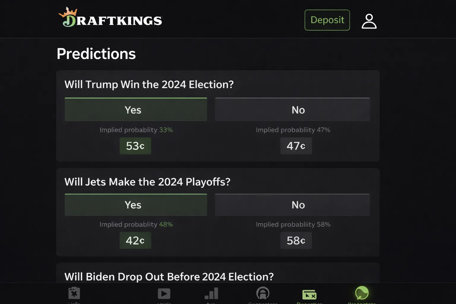 DraftKings Predictions app interface showing binary event contract pricing and implied probabilities