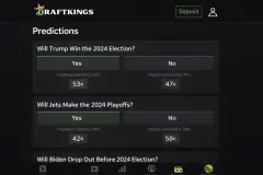 DraftKings Predictions app interface showing binary event contract pricing and implied probabilities