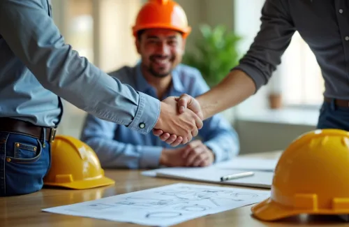 Asian construction team shakes hands at office after successful home project. 