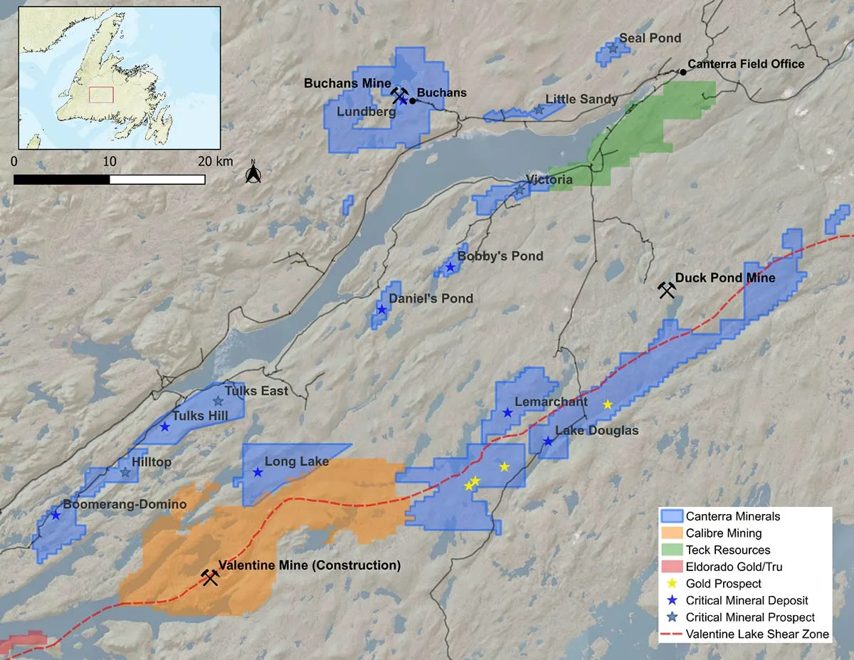 Canterra Minerals: Figure 2. Canterra’s Central Newfoundland Mining District properties.