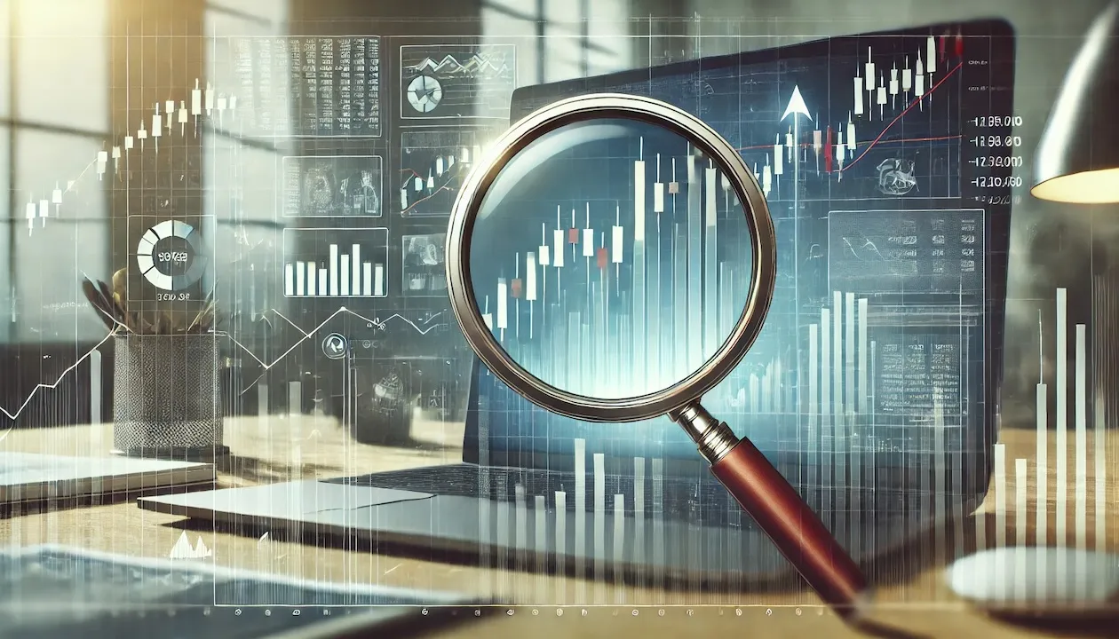 Magnifying glass over stock screener with candlesticks on laptop screen