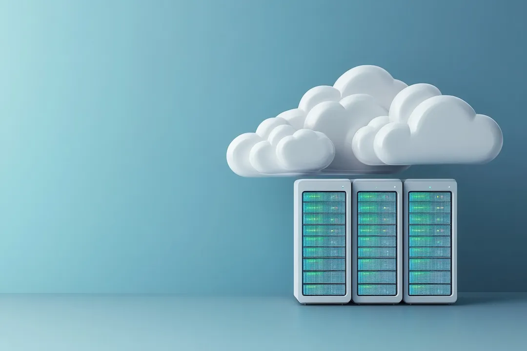 Cloud computing concept featuring a white cloud and blue backdrop with data servers representing online storage solutions