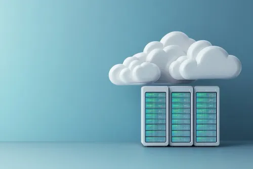 Cloud computing concept featuring a white cloud and blue backdrop with data servers representing online storage solutions