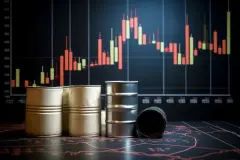 oil drums in front of candlestick chart