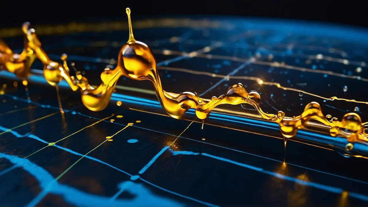The image presents golden droplets in motion across a surface that resembles oil drops, symbolizing fluidity and connectivity in financial markets. The contrast of the gold against the dark backdrop e...