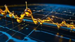 The image presents golden droplets in motion across a surface that resembles oil drops, symbolizing fluidity and connectivity in financial markets. The contrast of the gold against the dark backdrop e...