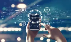 Crypto Trading theme with person using smartphone