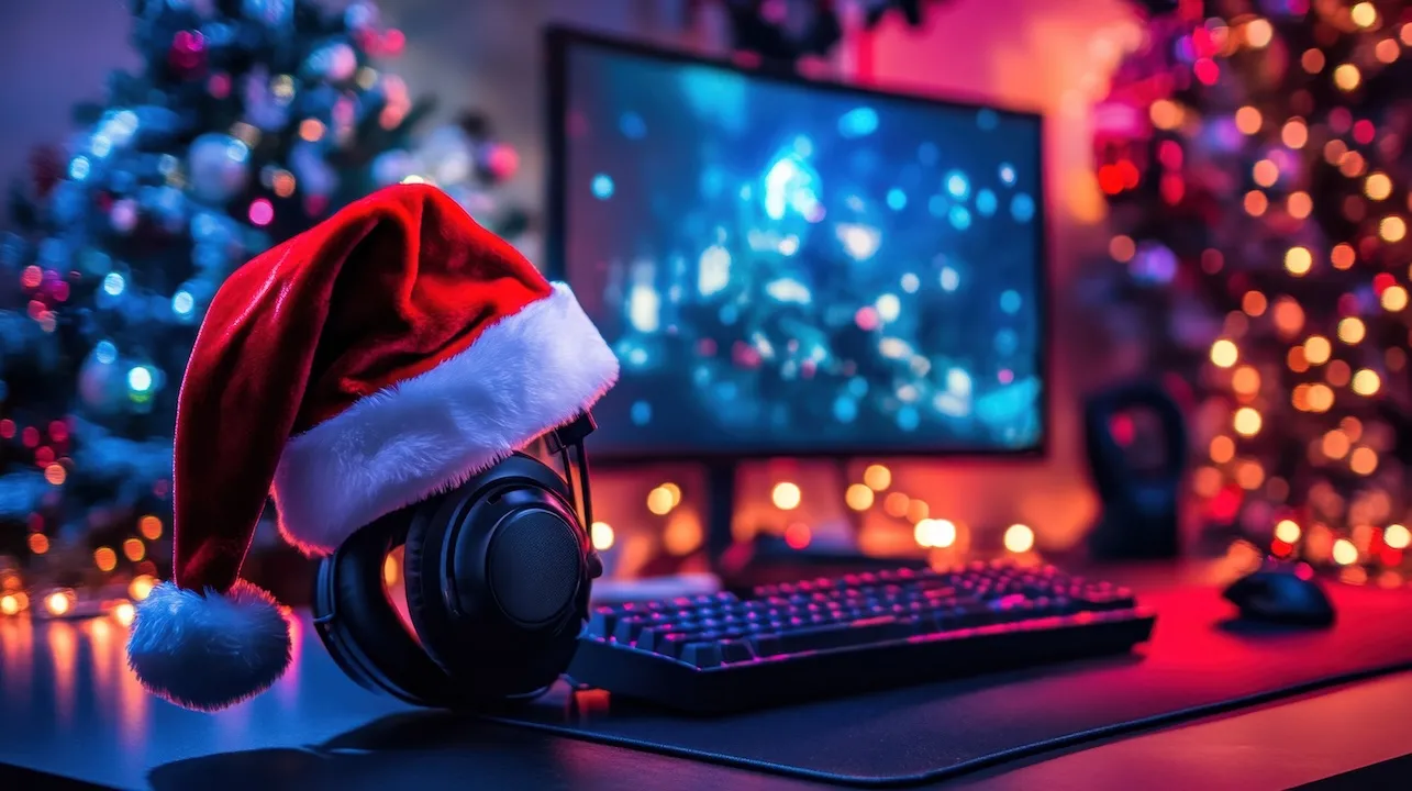Santa hat at the gamer's computer, Christmas promotion on gaming items