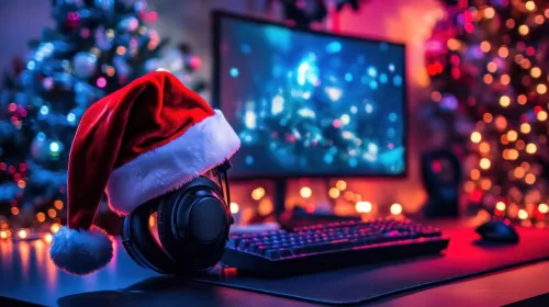 Santa hat at the gamer's computer, Christmas promotion on gaming items