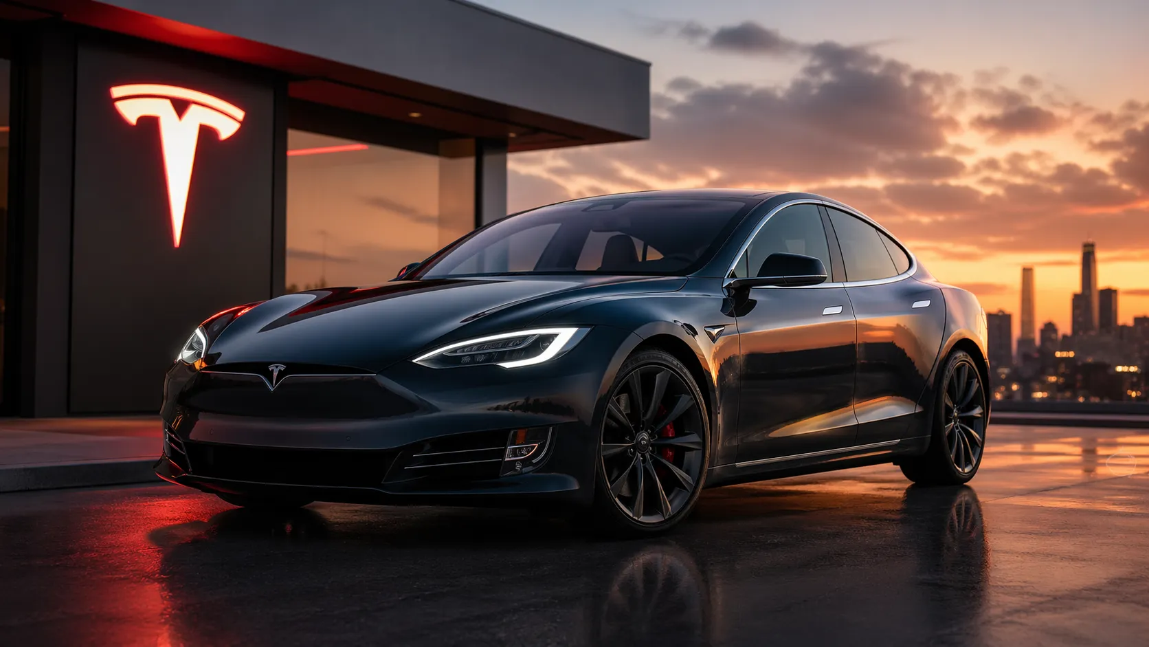 Sleek black Tesla sedan parked on reflective pavement at sunset with city skyline