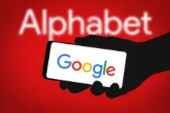 Alphabet text on Red backdrop. Google Logo on Smartphone