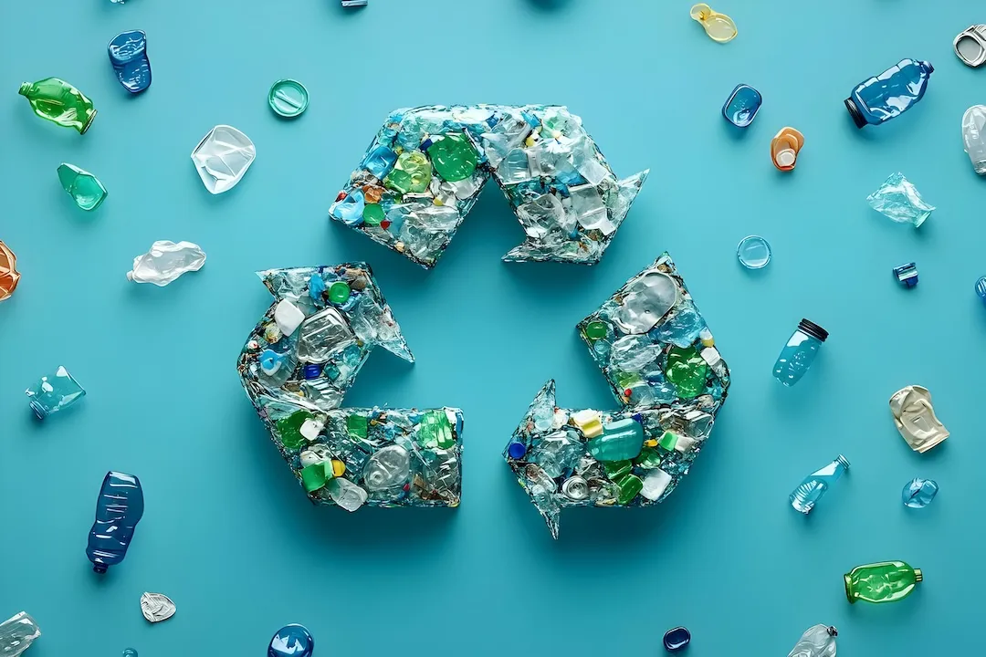 Colorful collection of recycled plastic waste arranged in a recycling symbol on a vibrant blue background.