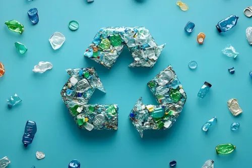 Colorful collection of recycled plastic waste arranged in a recycling symbol on a vibrant blue background.