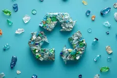 Colorful collection of recycled plastic waste arranged in a recycling symbol on a vibrant blue background.